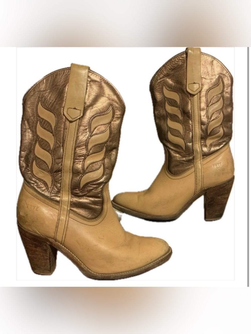 Vintage FRYE Metallic Gold Bronze Western Cowboy Boots Leather Wing Boho USA 6.5
